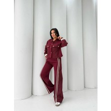 Cemo Kadın Şerit Detaylı Geniş Paça Pantolon ve Ceket Takım