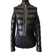 Asus Deri - Siyah Hakiki Deri Şeritli Transparan Kadın Ceket