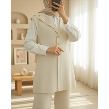 Modamorfo Düğmeli V Yaka Yelek Pantolon Triko Takım -Krem