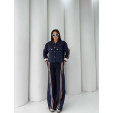 Cemo Kadın Şerit Detaylı Geniş Paça Pantolon ve Ceket Takım