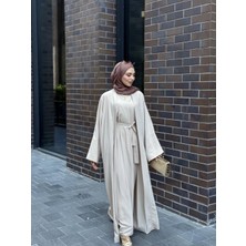 Ikili Abaya Takım Krep Kumaş Jile Elbise Kaftan Kuşak