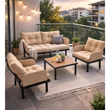 Eportatif Bahçe Takımı Balkon ve Cafe Modüler Metal Koltuk Takımı 2+1+1 Sehpalı Bej 1637