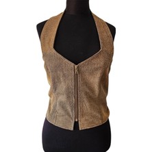 Asus Deri - Melina-  Hakiki Deri Kadın Büstiyer - Konyak- Taşlama