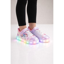 Minibonito Kız Çocuk  Desenli Işıklı LED Tabanlı Simli Cırt Cırtlı Sneaker