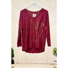 Sahnemoda Batik Çizgi Desen V Yaka Uzun Kol  Ithal Bluz