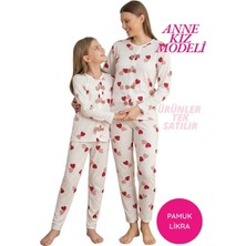 Tarık Kids Homewear Kadın Kırmızı Kalp Desenli Fiyonk Detay Kaşkorse Fitilli Mevsimlik Kumaş Uzun Kol Pijama Takımı-Anne Kız Modeli-Tek Ürün Fiyatı