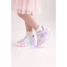 Minibonito Kız Çocuk  Desenli Işıklı LED Tabanlı Simli Cırt Cırtlı Sneaker