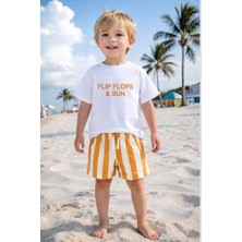 Monila Erkek Çocuk Pamuklu Ekru Slogan Baskılı T-Shirt ve Turuncu Çizgili Şort Takım