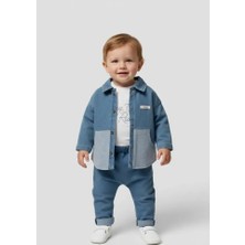 Bebeva Baby Erkek Bebek %100 Pamuklu Enjoy The Ride Nakışlı Ceketli Body ve Pantolon 3'lü Takım - Mavi