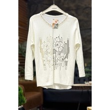 Sahnemoda Çiçek Desen Yaldızlı V Yaka Kadife Ithal Bluz