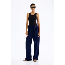 Ribana Classic  Kadın Relax Fit Rahat Kesim Krep Kumaş Yüksel Bel Geniş Paça Kuşaklı Esnek Pantolon 4715
