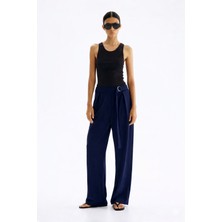 Ribana Classic  Kadın Relax Fit Rahat Kesim Krep Kumaş Yüksel Bel Geniş Paça Kuşaklı Esnek Pantolon 4715
