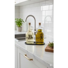 2'li Cam Yağdanlık ve Sirkelik Seti, Siyah Silikon Standlı, Ayçiçek & Zeytinyağı Etiketli