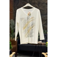 Sahnemoda Dalga Desen Yaldızlı V Yaka Kadife Ithal Bluz