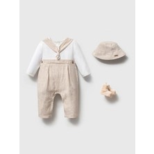 Noynoy Keten Tulumlu Üçlü Set-Kutulu - Ekru - 3 - 6 Ay Ekru