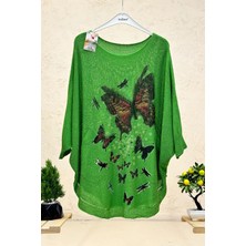 Sahnemoda Kelebek Baskı Yarasa Merserize Cepli Bluz