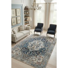 The Reef Design Lacivert Bej Klasik Desenli Salon Halısı Dijital Baskılı Kaymazlı Yıkanabilir Eskitme Vintage Halı