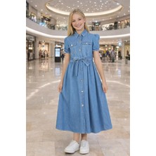 HC Kids Wear 10–15 Yaş Kız Çocuk Kot Elbise Kuşaklı Düğmeli Bayramlık Elbise