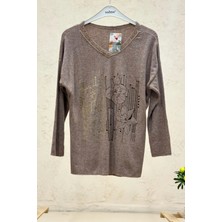 Sahnemoda Çiçek Desen Yaldızlı V Yaka Kadife Ithal Bluz