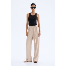 Ribana Classic  Kadın Relax Fit Rahat Kesim Krep Kumaş Yüksel Bel Geniş Paça Kuşaklı Esnek Pantolon 4715