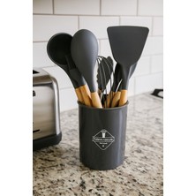 9 Parça Bambu Saplı Gri Silikon Kaşık Seti, Şık ve Dayanıklı Mutfak Aksesuarları