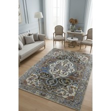 The Reef Design Bej Kahve Vintage Salon Halısı Dijital Baskılı Kaymaz Tabanlı Yıkanabilir Şık Eskitme Salon Halısı