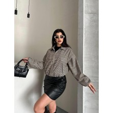 Ribana Classic Kadın Astarlı Uzun Kollu Çift Cepli Pıtıkareli Fermuarlı Kısa Bej Mont 4971