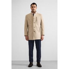 Süvari Bej Regular Hakim Yaka Düz Yan Cepli Kaban