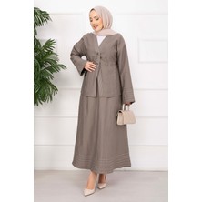 EFL Çizgi Garnili Ceket Etek Takım Vizon