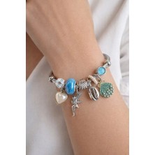 Bileklik Charmlı - Gümüş Renk 3184 Çelik Kabuğu Mavi Deniz