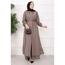 Ns Bağcıklı Hakim Yaka Uzun Tunik Takım Vizon