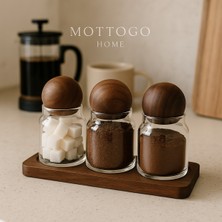 3’lü Cam Kahve Kavanozu Seti, Akasya Kapaklı, Şekerlik ve Kahvelik, Standlı