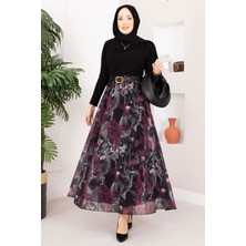 Ums Otantik Desen Kemerli Şifon Etek Siyah