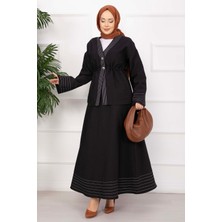 EFL Çizgi Garnili Ceket Etek Takım Siyah