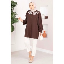 SVS Yaka Nakışlı Tesettür Tunik Kahve