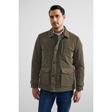 Süvari Koyu Haki Slim Gömlek Yaka Düz Torba Cep Fermuar + Çıtçıt Elyaf Dolgulu Standart Mont