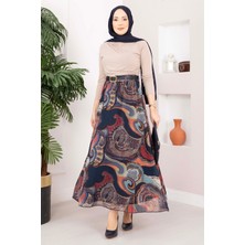 Ums Otantik Desen Kemerli Şifon Etek Lacivert