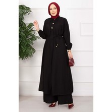 Ns Bağcıklı Hakim Yaka Uzun Tunik Takım Siyah