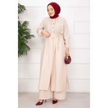 Ns Bağcıklı Hakim Yaka Uzun Tunik Takım Bej