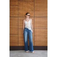 Cemo Kadın Dantel Desenli Asimetrik Kesim Askılı Bluz