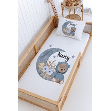 Lilabio %100 Pamuk Isme Özel Montessori Yatak Pike Seti 100X200 Mavi Kapşonlu Ayıcık