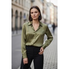 Mandala Tekstil Kadın Saten Dökümlü Rahat Kalıp Günlük Gömlek