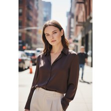 Mandala Tekstil Kadın Saten Dökümlü Rahat Kalıp Günlük Gömlek