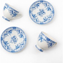 Vintage Mavi Toi Desenli 2’li Porselen Kahve Fincanı ve Tabak Takımı