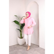 SFG Life Moda Kadın Önü Düğmeli ve Yan Bağcıklı Çilek Kumaş Tunik-Gömlek