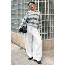 Madmext Beyaz Stoperli Barrel Fit Şardonlu Kadın Eşofman Altı MG2687