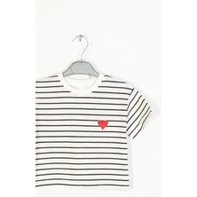 Queen Kids Kız Çocuk  Çizgili Kalp Detaylı Tişört Siyah