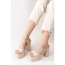 Asmi Shoes Kadın Tek Bantlı (12CM) Platformlu Topuklu Ayakkabı  Krem