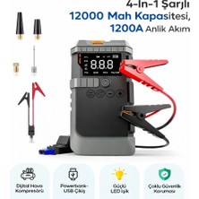 Nivego 4 In1 Şarjlı Akü Takviye Cihazı Uyumlu 12000 Mah 1200A , Lastik Hava Pompası Powerbank LED Işık Kamp
