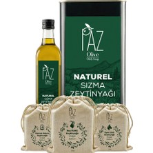Büyük Ev Paketi – Natürel Zeytinyağı 5 L Teneke + 1 L Cam + 3 Adet Zeytinyağlı Doğal Sabun Seti